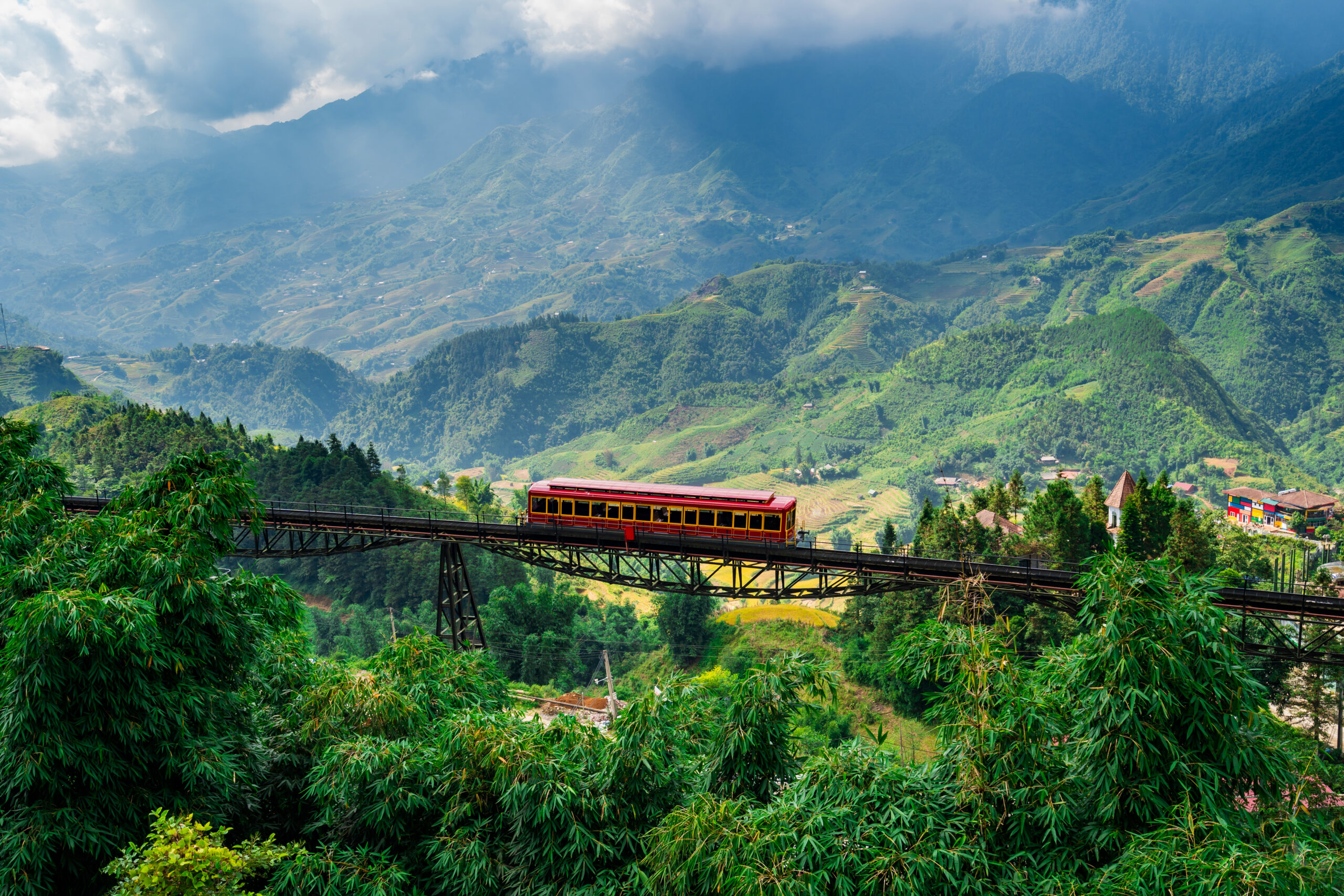 Beautiful landscape with mountain view on the train while going to Fansipan mountain in Sapa city, Vietnam