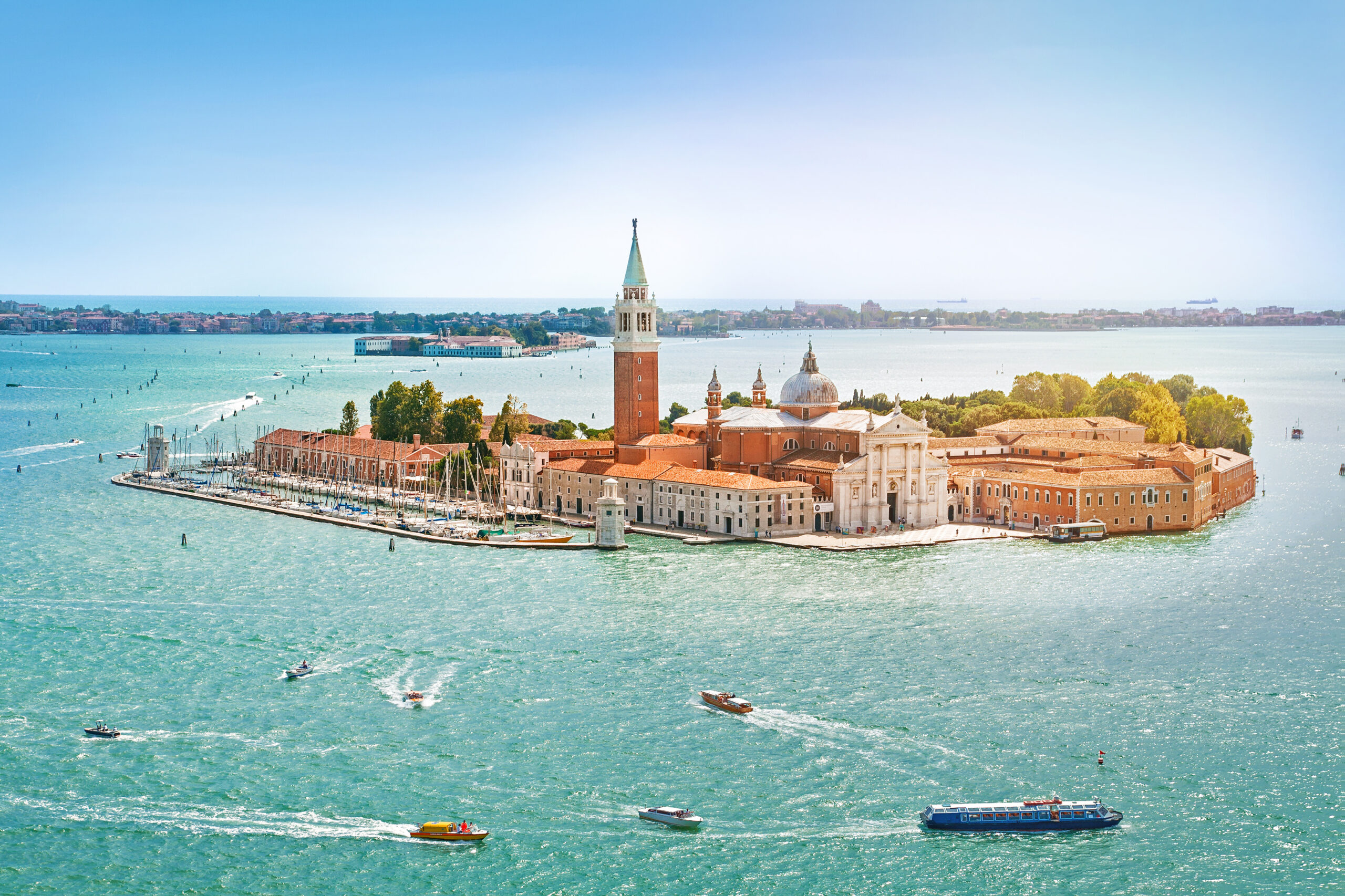 Panoramic aerial view at San Giorgio Maggiore island, Venice, Veneto, Italy